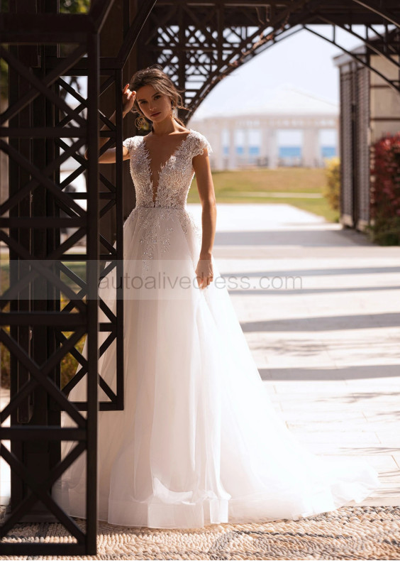 Beaded Ivory Floral Lace Tulle Buttons Back Fairytale Wedding Dress Beaded Ivory Floral Lace Tulle Buttons Back Fairytale Wedding Dress